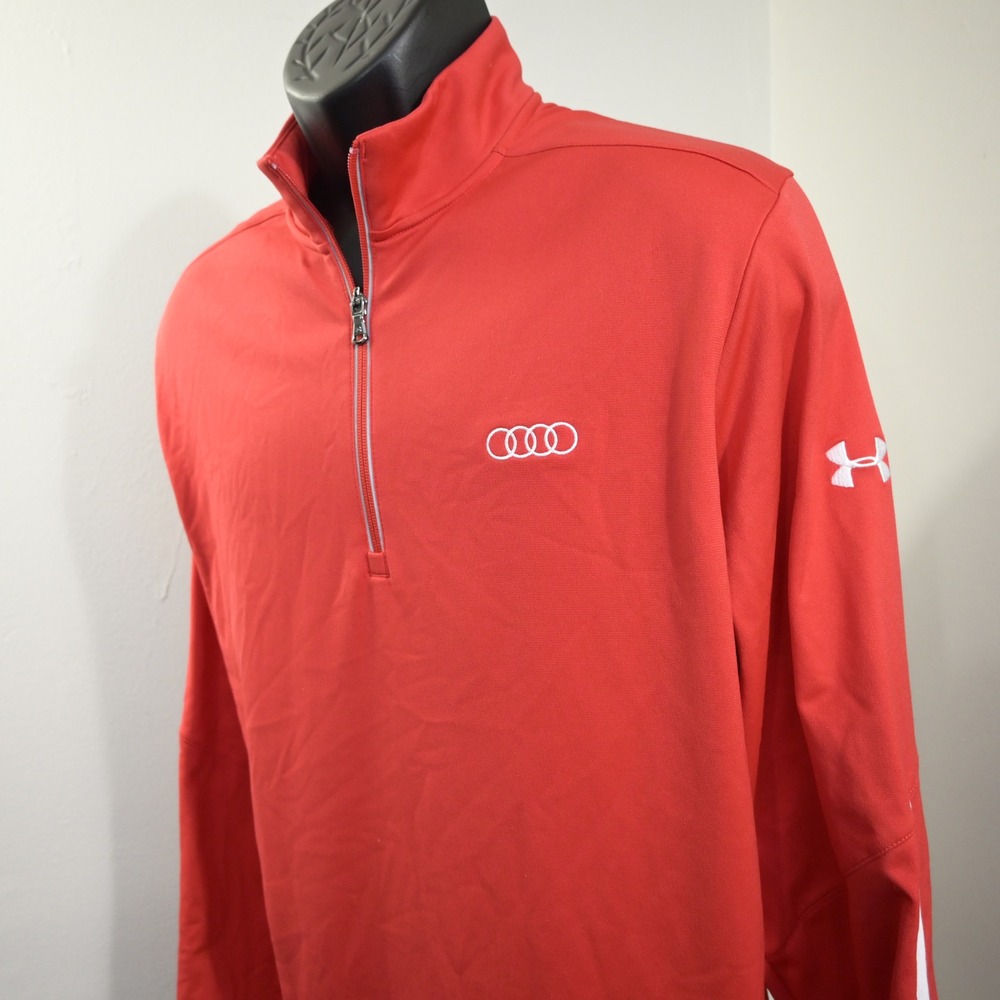Under Armour Audi 1/4 Zip Pullover Mens XL Loose Red White Stripe Logo Active